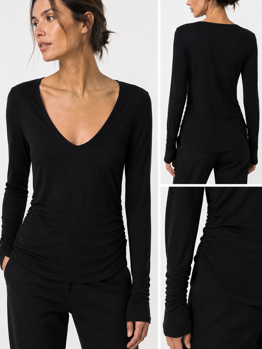James Perse Black V Neck Ruched Tee Long Sleeve Excellent USA  Size 3 / L